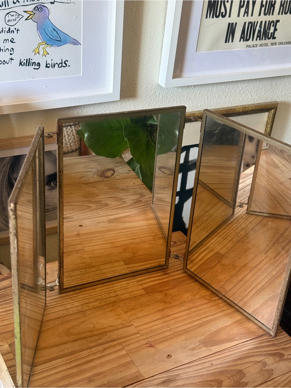 Rare Triptych of Mirrors, France, 1930s Vintage Trifold Vanity Mirror in Gold